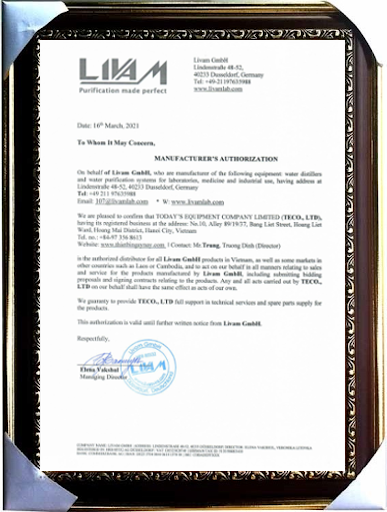 Chứng thư ủy quyền phân phối hãng Livam GmbH cho cong ty thietbingaynay