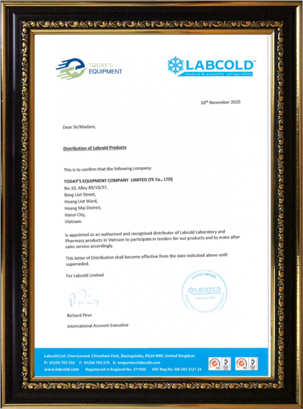 Labcold sales authorization letter for today's equipment limited company