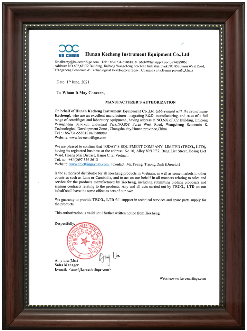 Thư Ủy quyền hợp pháp chính thức của hãng Hunan Kecheng -Thiết bị Ngày Nay